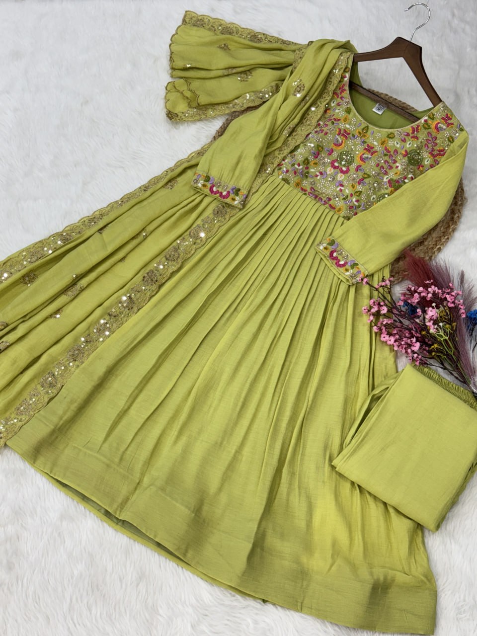 Lime Green Embroidered Gown Set