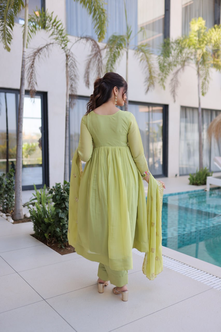 Lime Green Embroidered Gown Set