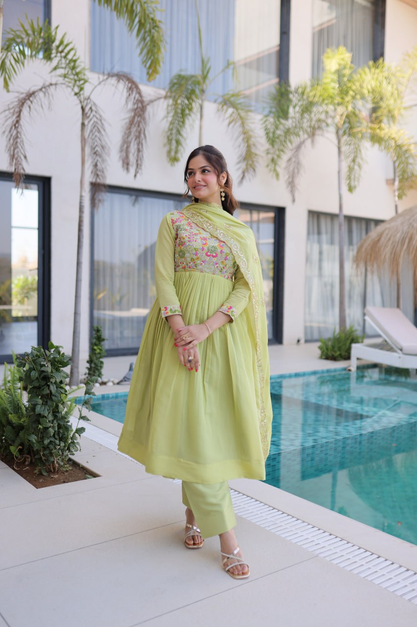 Lime Green Embroidered Gown Set