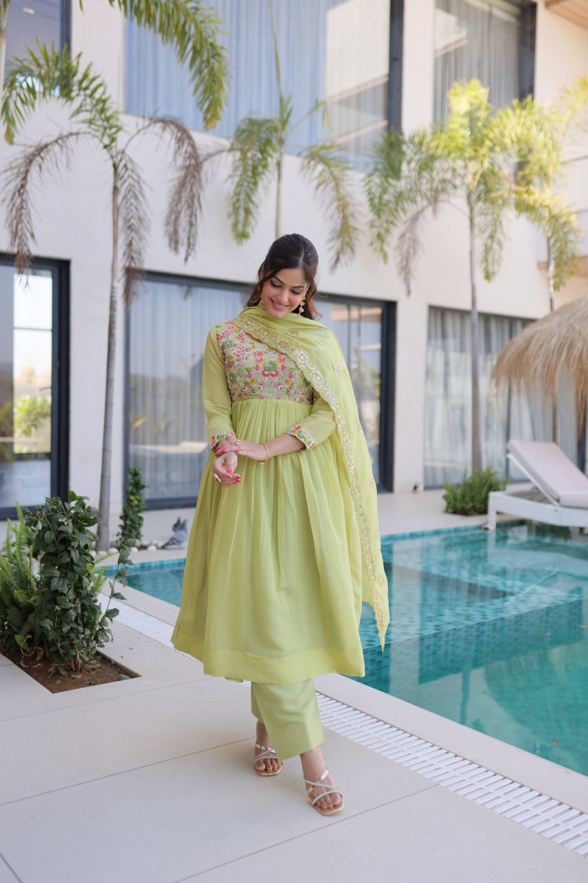 Lime Green Embroidered Gown Set
