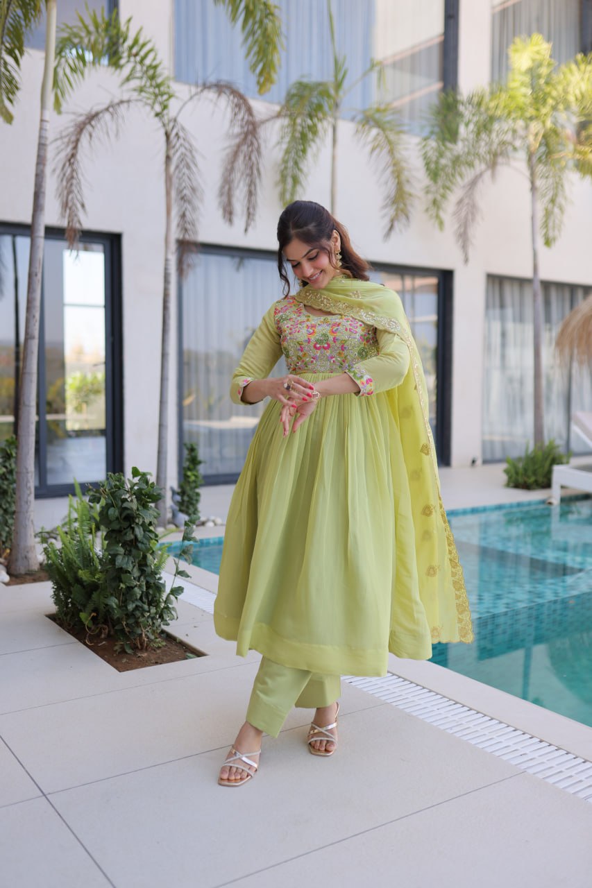 Lime Green Embroidered Gown Set