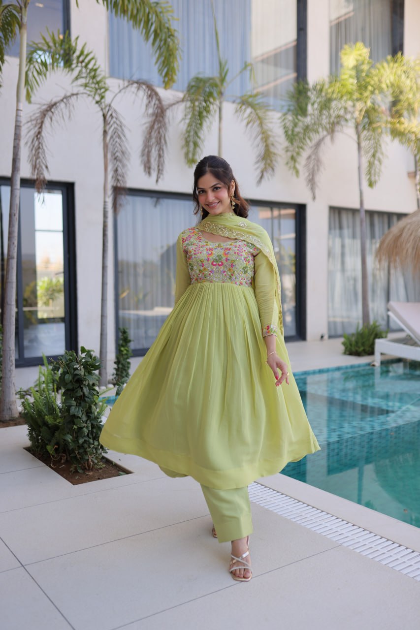 Lime Green Embroidered Gown Set