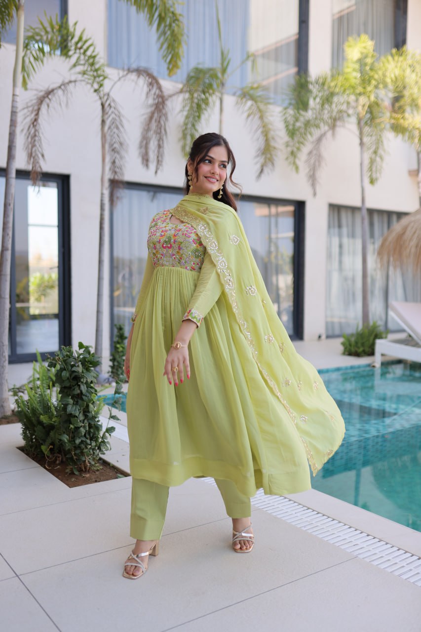 Lime Green Embroidered Gown Set