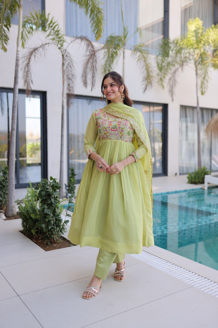 Lime Green Embroidered Gown Set