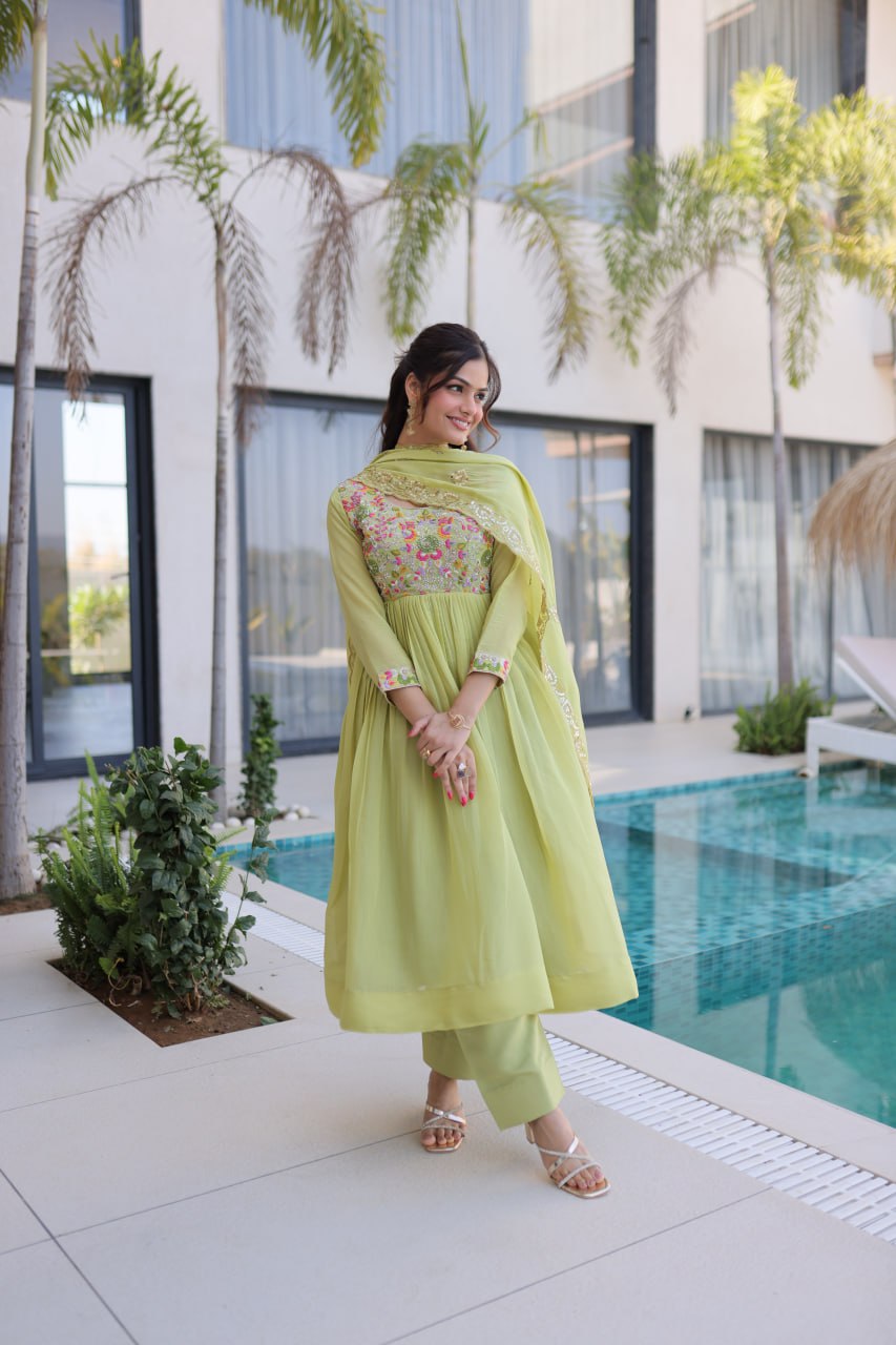 Lime Green Embroidered Gown Set