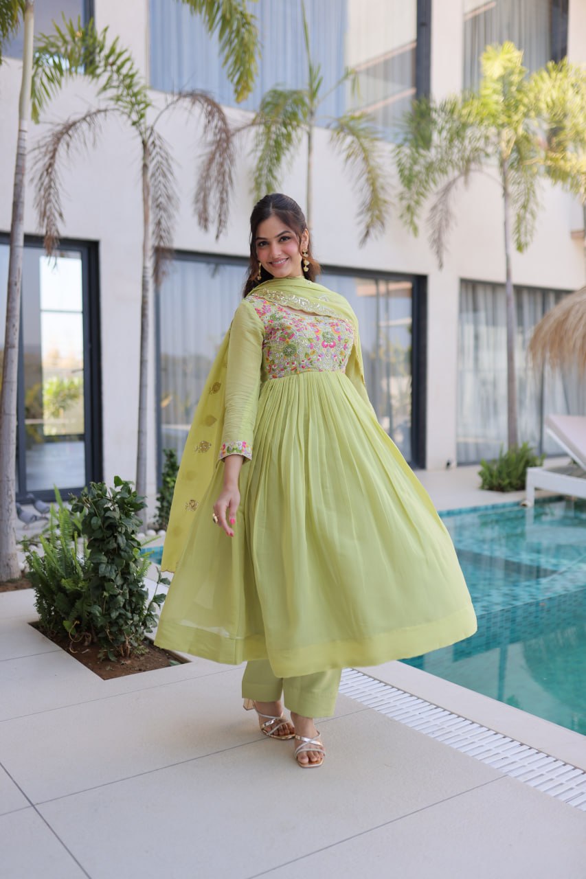 Lime Green Embroidered Gown Set
