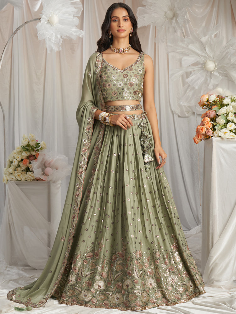 Lime Green Georgette Sequin embroidery Semi-Stitched Lehenga choli & Dupatta