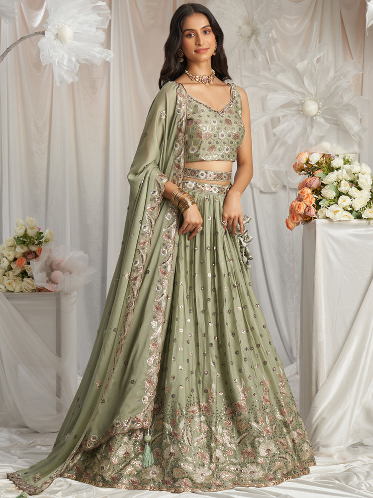 Lime Green Georgette Sequin embroidery Semi-Stitched Lehenga choli & Dupatta