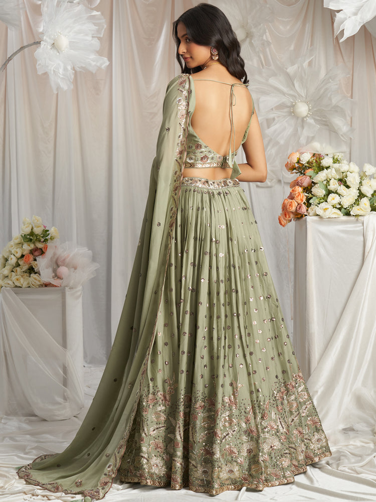 Lime Green Georgette Sequin embroidery Semi-Stitched Lehenga choli & Dupatta