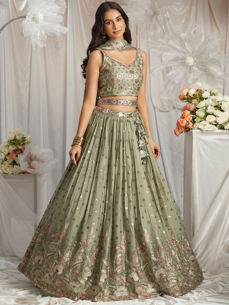 Lime Green Georgette Sequin embroidery Semi-Stitched Lehenga choli & Dupatta
