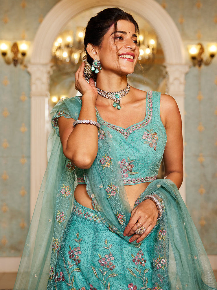 Lime Green Gorgeous Net Lehenga Choli Set with Heavy Sequins and Thread Embroidery