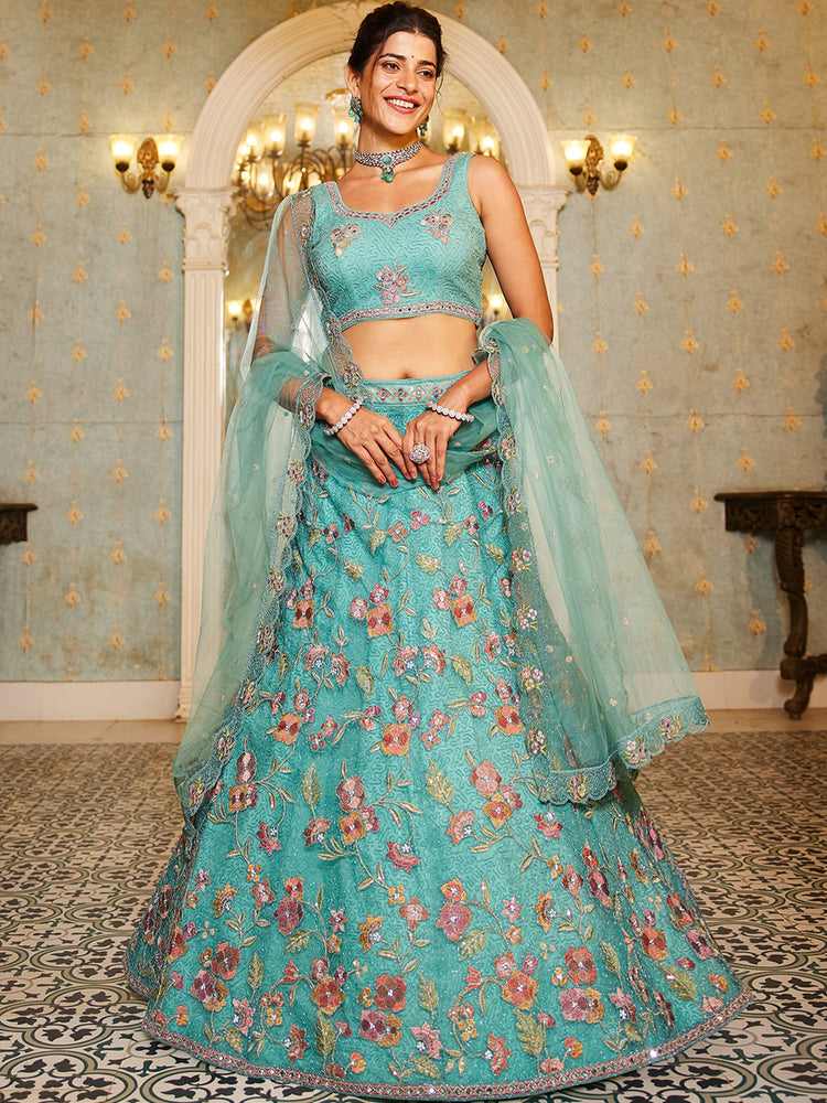 Lime Green Gorgeous Net Lehenga Choli Set with Heavy Sequins and Thread Embroidery