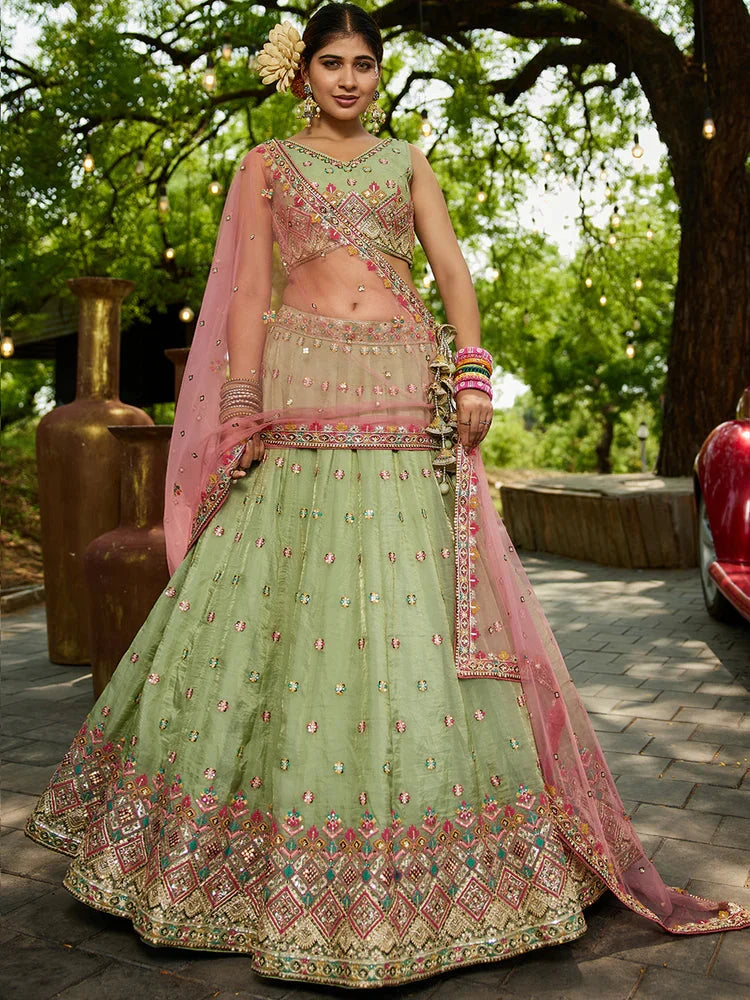 Lime Green Gorgeous Pure Georgette Tissue Lehenga Choli Set with Heavy Sequin & Thread Embroidery Work