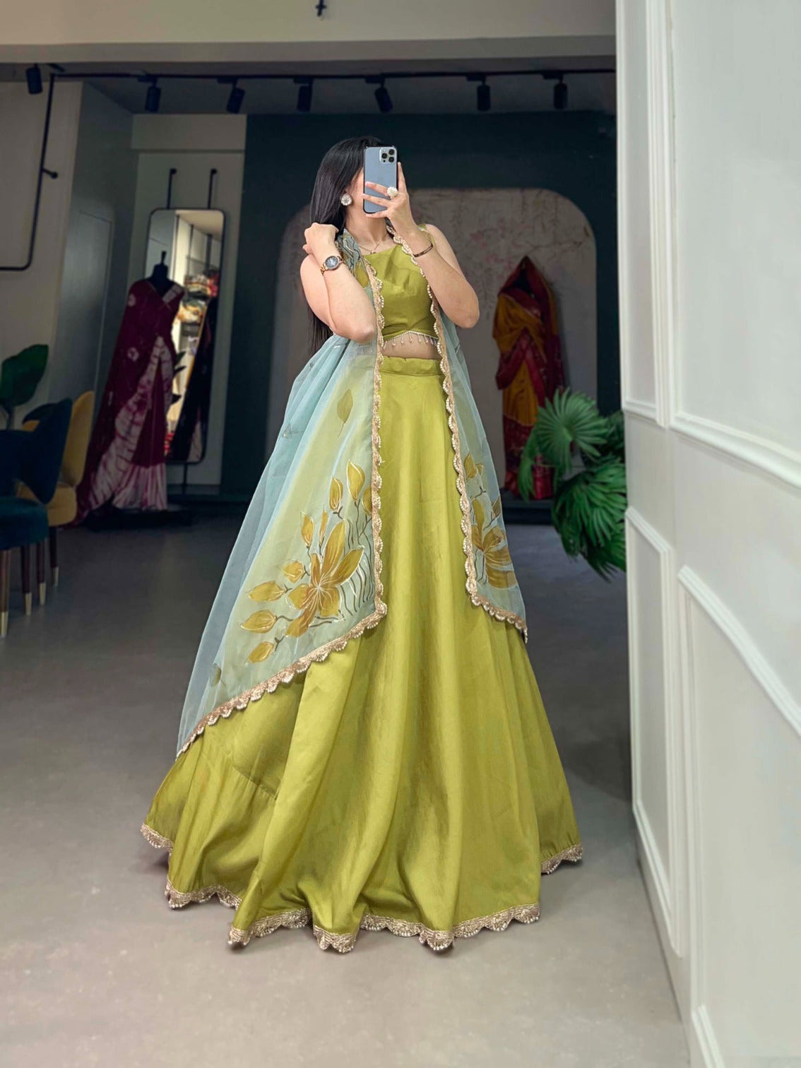 Lime Green Lehenga Choli Set with Organza Dupatta