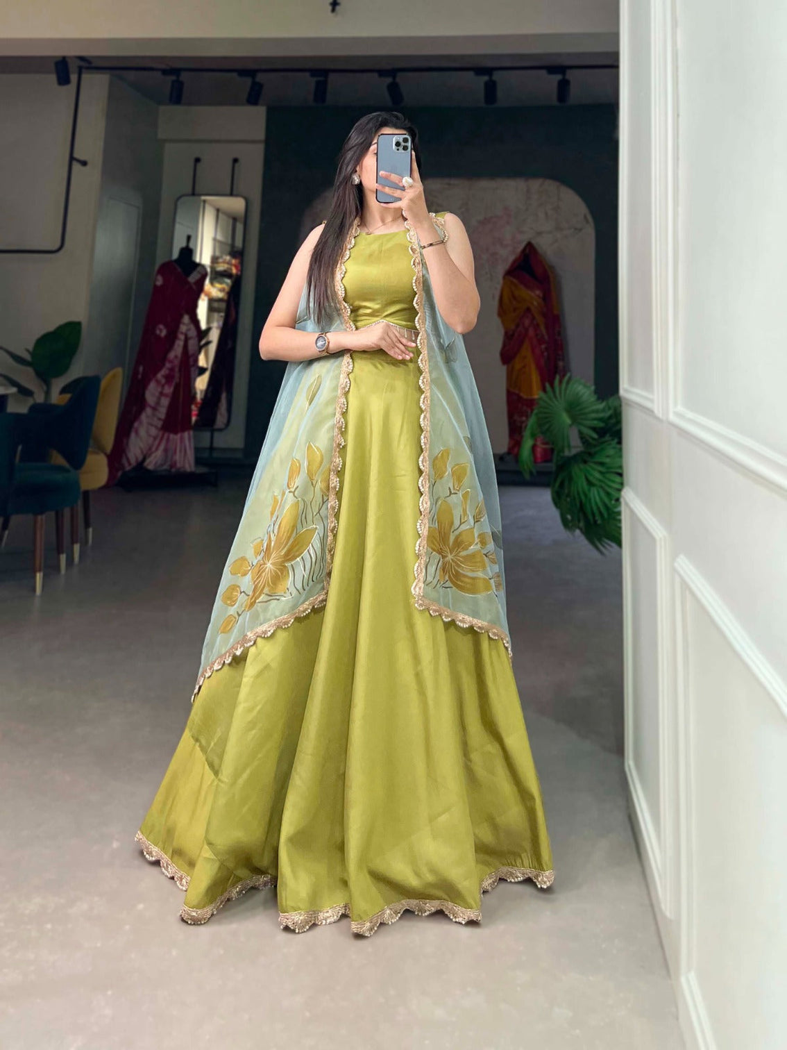 Lime Green Lehenga Choli Set with Organza Dupatta