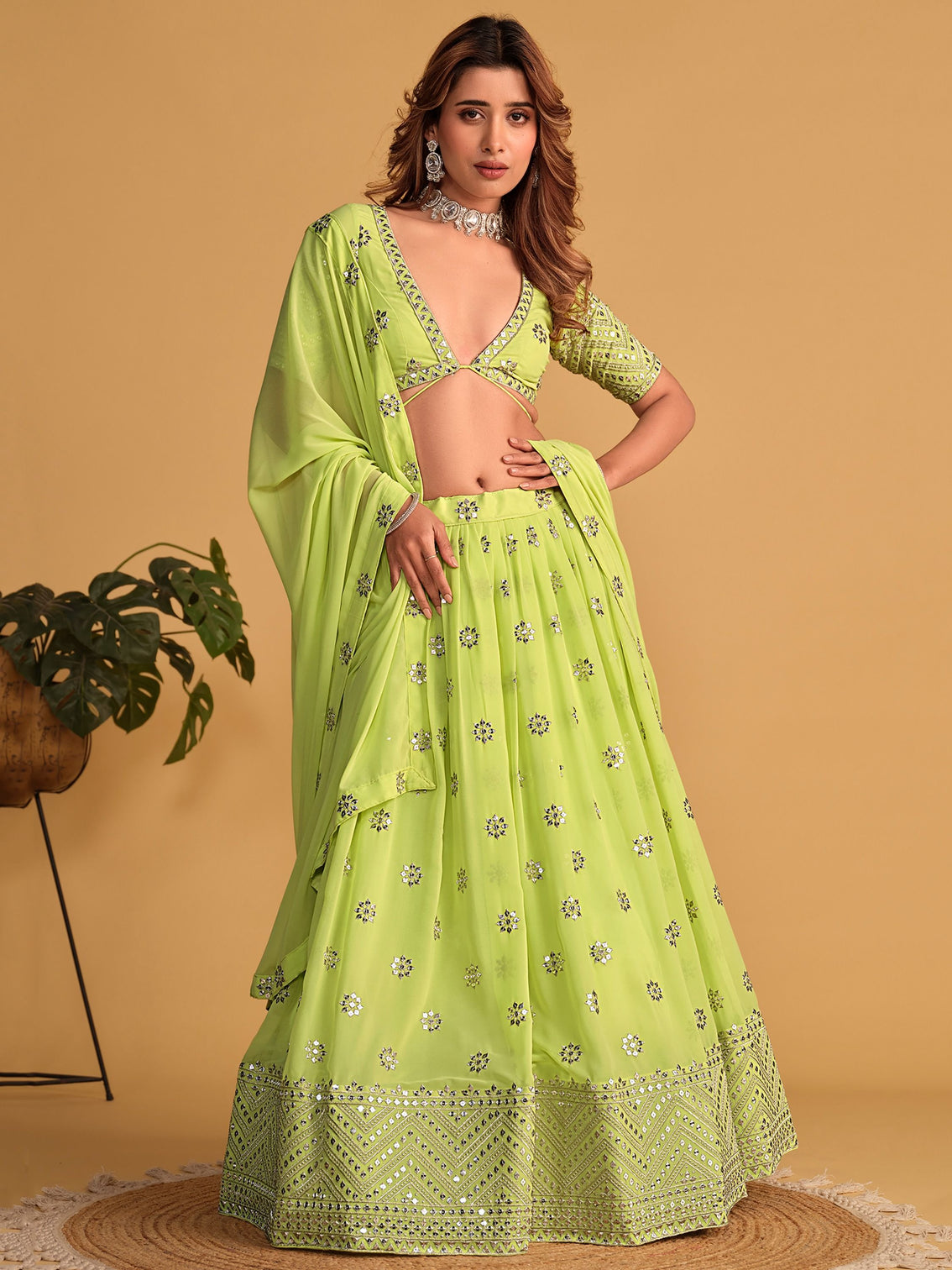 Lime Green Sequin Glamour Breathtaking Reception Lehenga Choli
