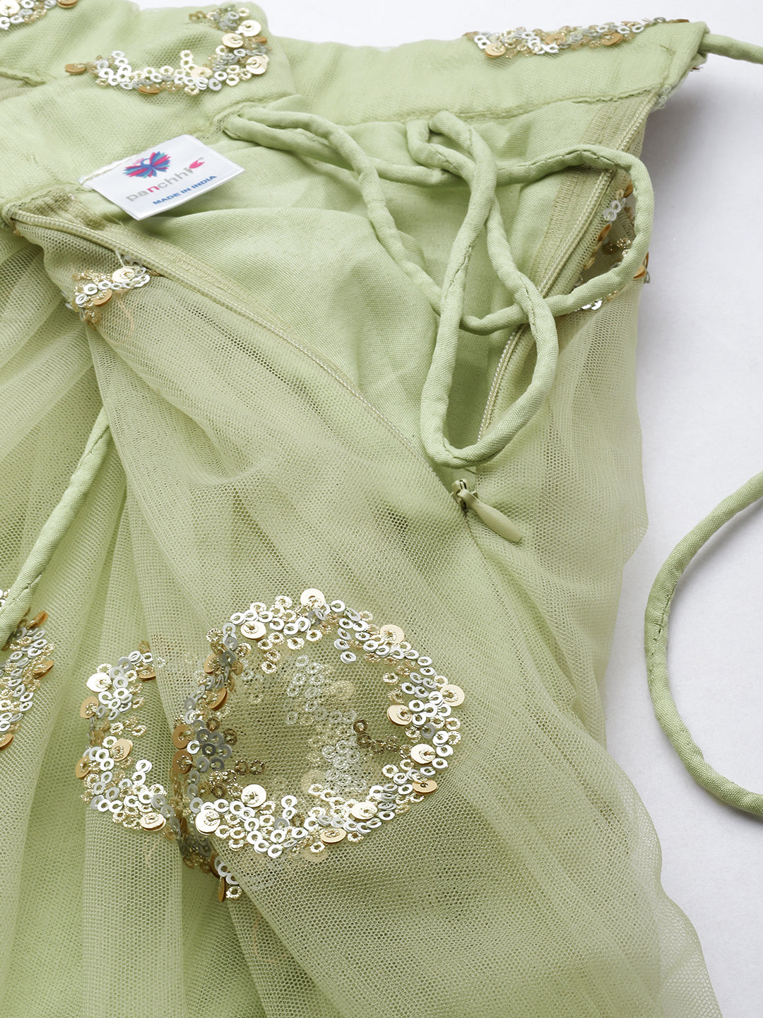 Lime Green Net Embroidered Round Sequins Semi-Stitched Lehenga