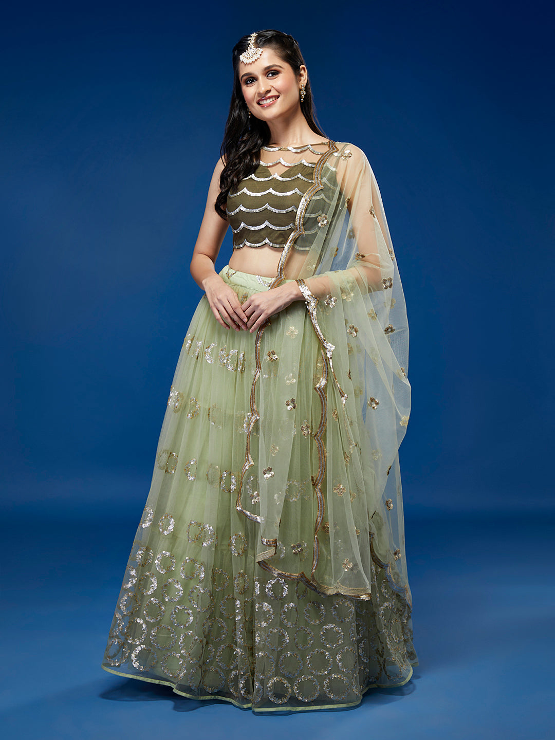 Lime Green Net Embroidered Round Sequins Semi-Stitched Lehenga