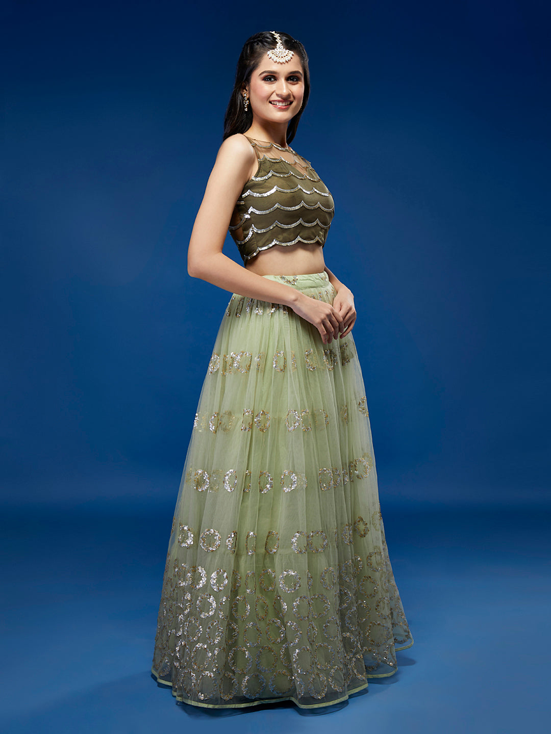 Lime Green Net Embroidered Round Sequins Semi-Stitched Lehenga