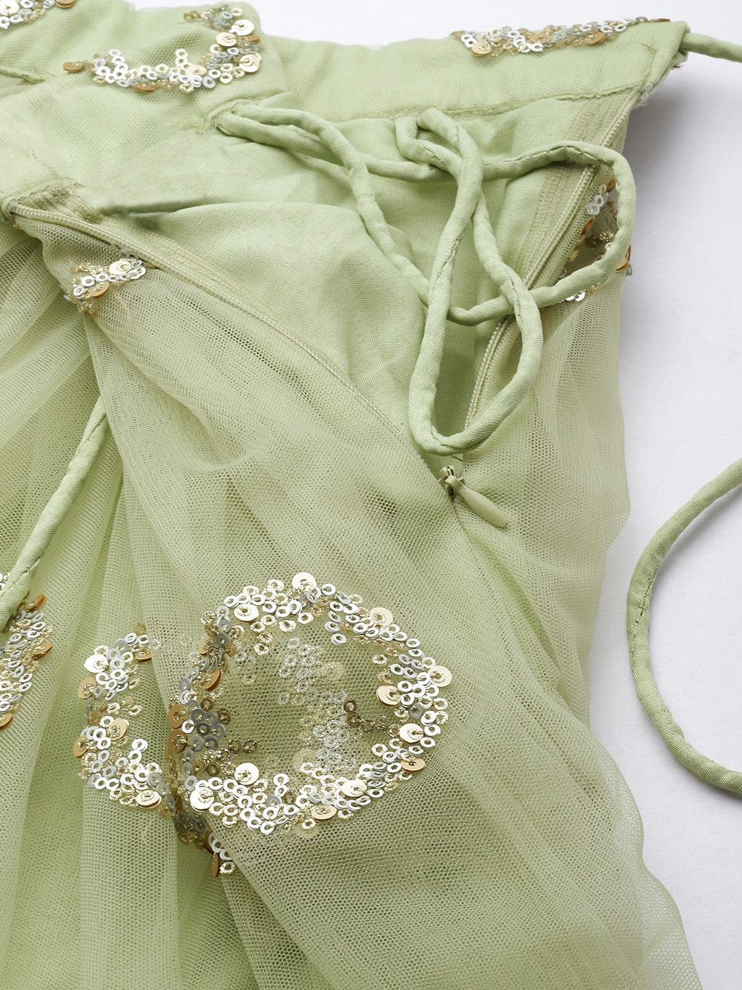 Lime Green Net Embroidered Round Sequins Semi-Stitched Lehenga