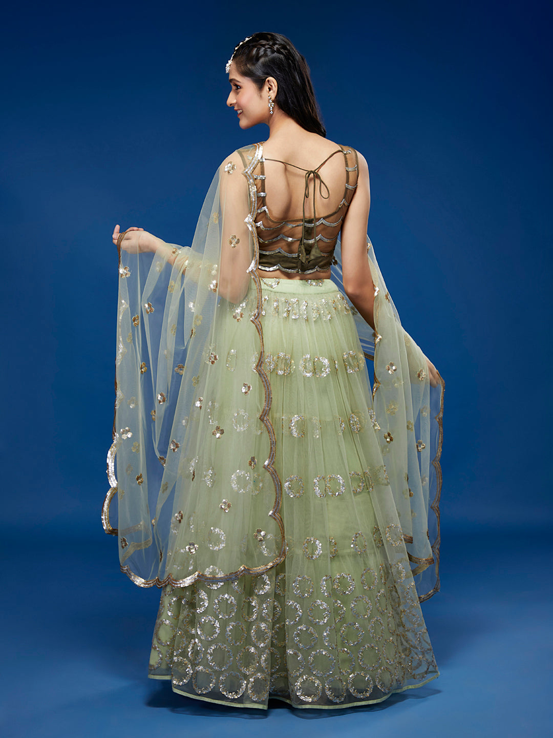 Lime Green Net Embroidered Round Sequins Semi-Stitched Lehenga