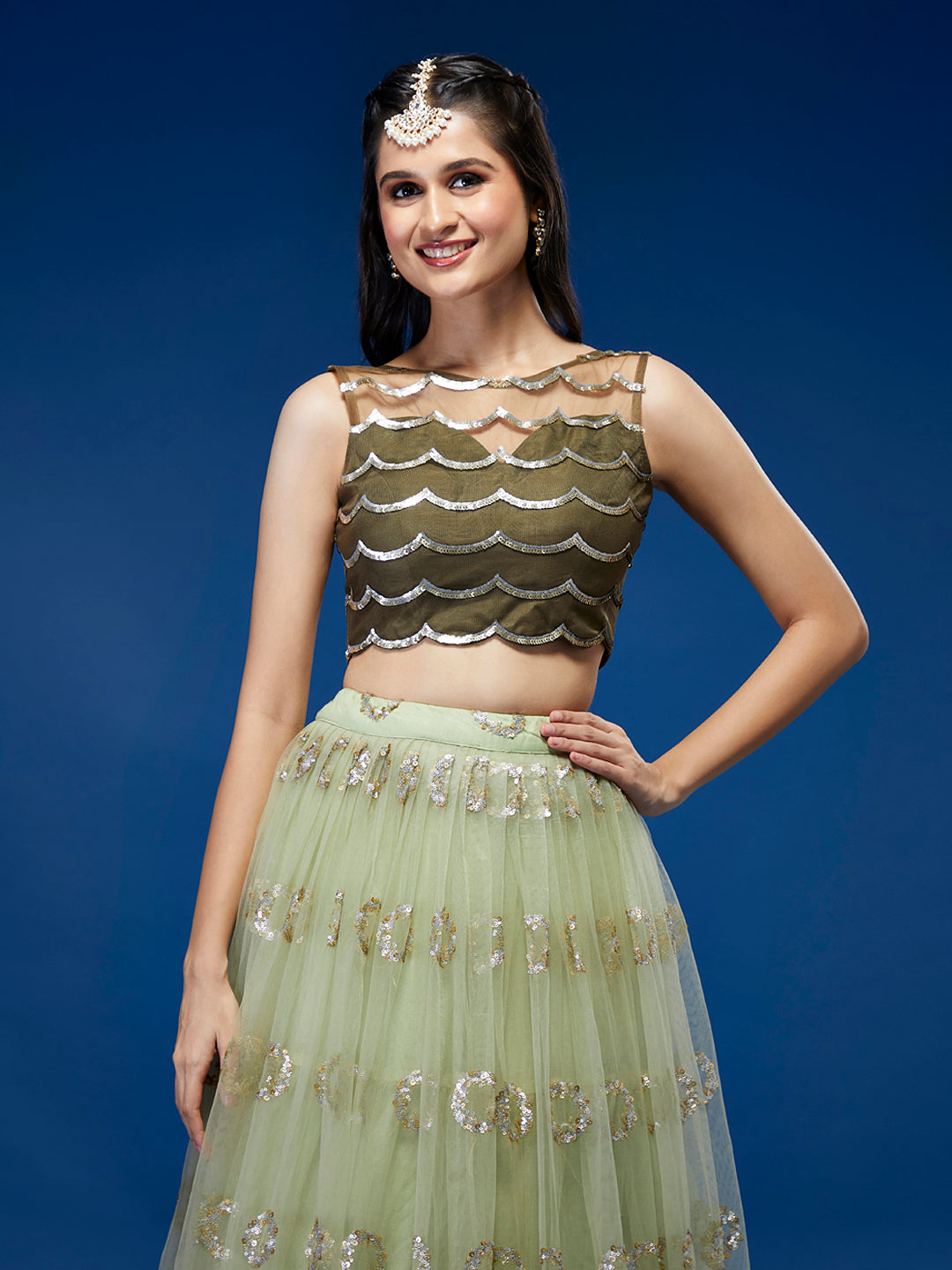 Lime Green Net Embroidered Round Sequins Semi-Stitched Lehenga