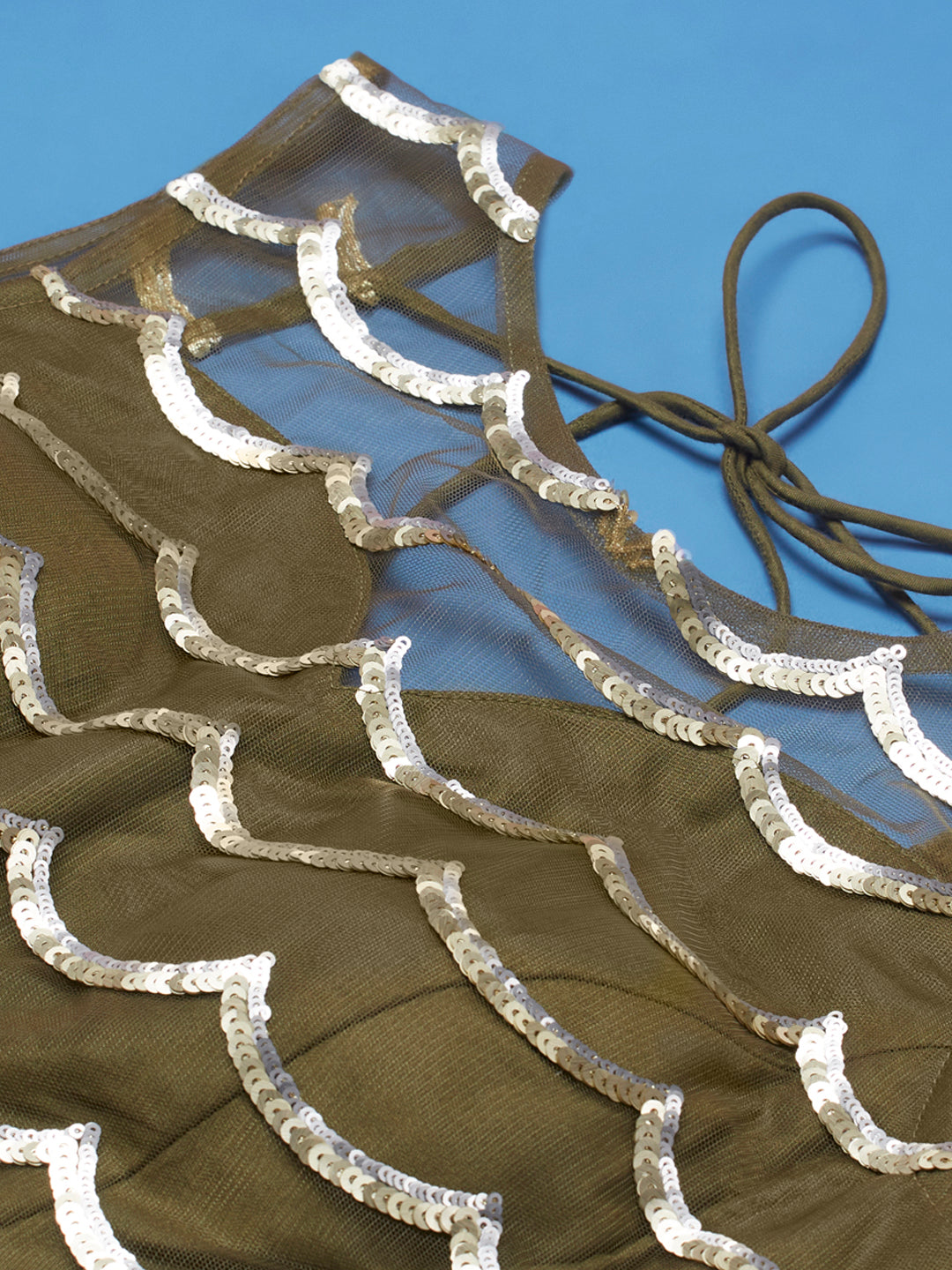Lime Green Net Embroidered Round Sequins Semi-Stitched Lehenga