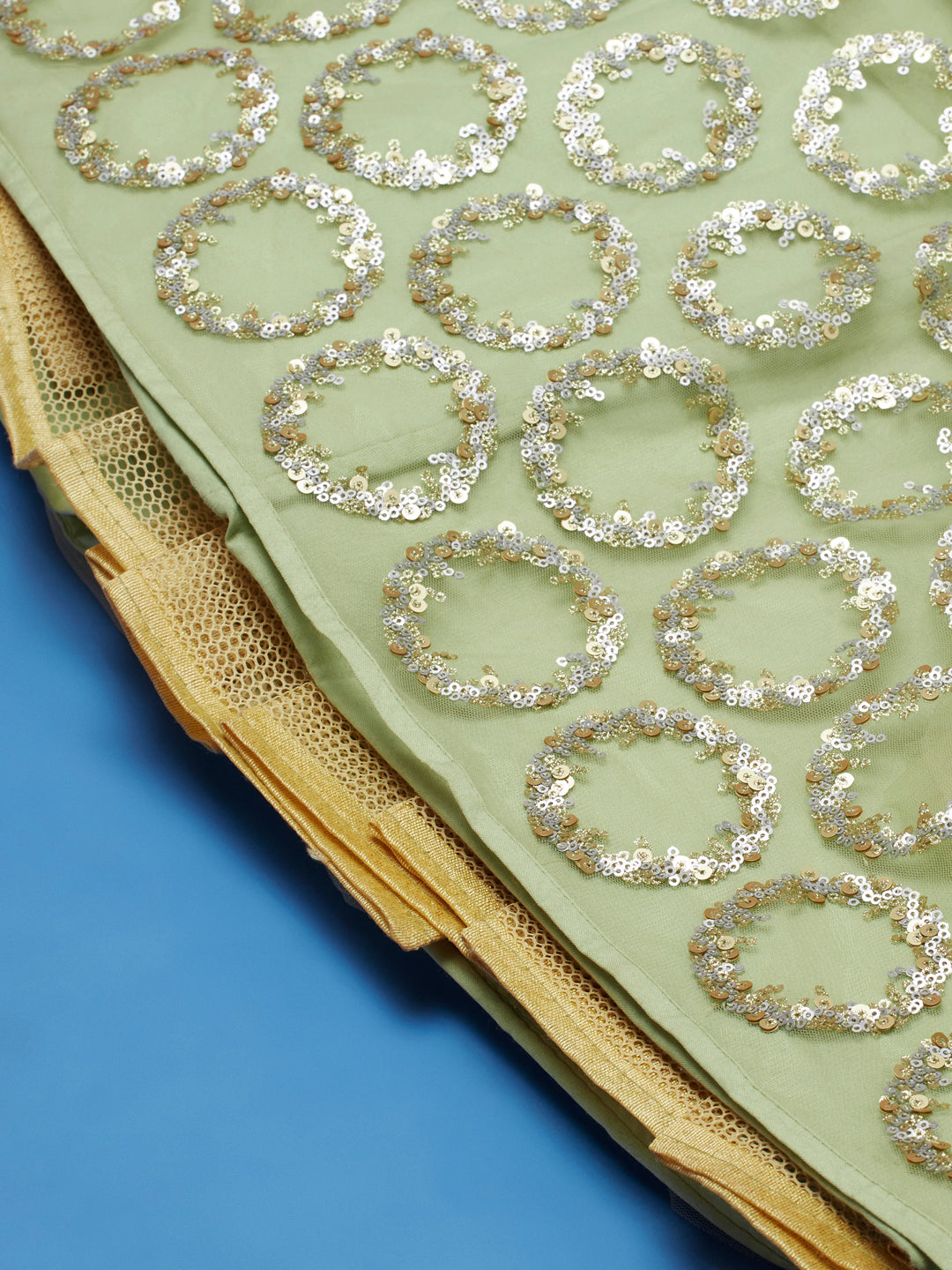 Lime Green Net Embroidered Round Sequins Semi-Stitched Lehenga