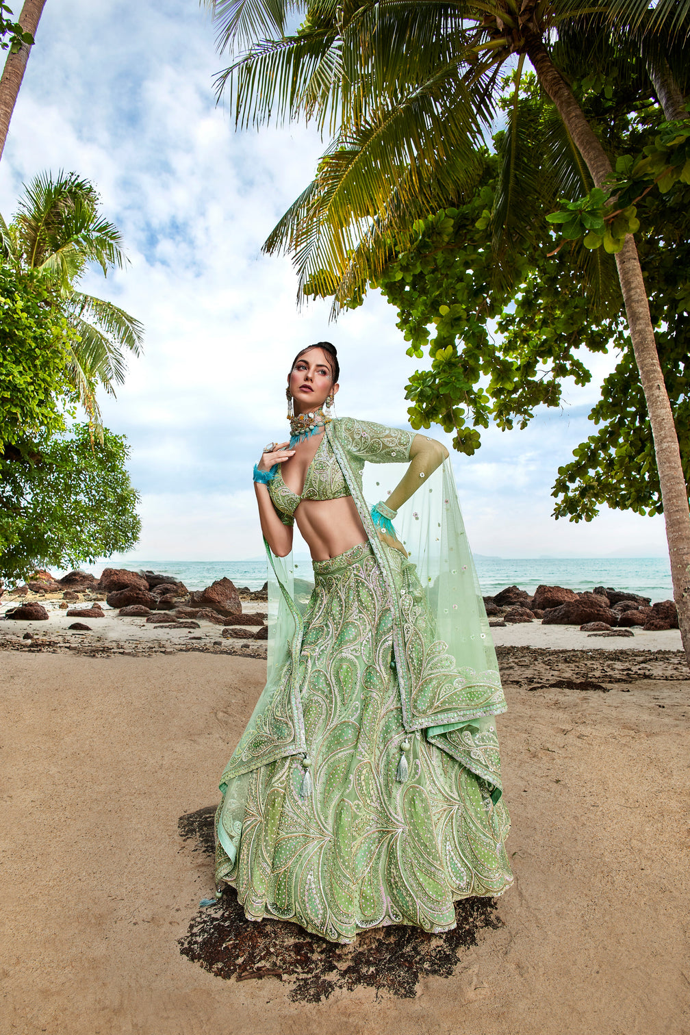 Lime green Net Multi Sequins with heavy Zarkan embroidery Semi-Stitched Lehenga choli & Dupatta