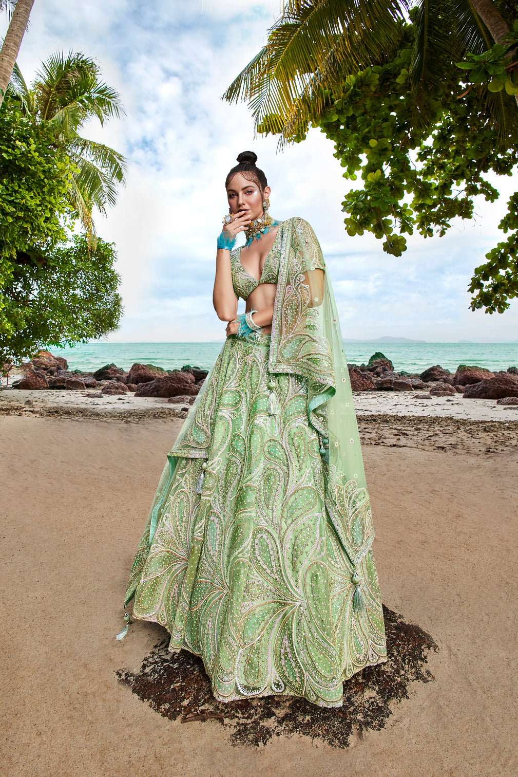 Lime green Net Multi Sequins with heavy Zarkan embroidery Semi-Stitched Lehenga choli & Dupatta
