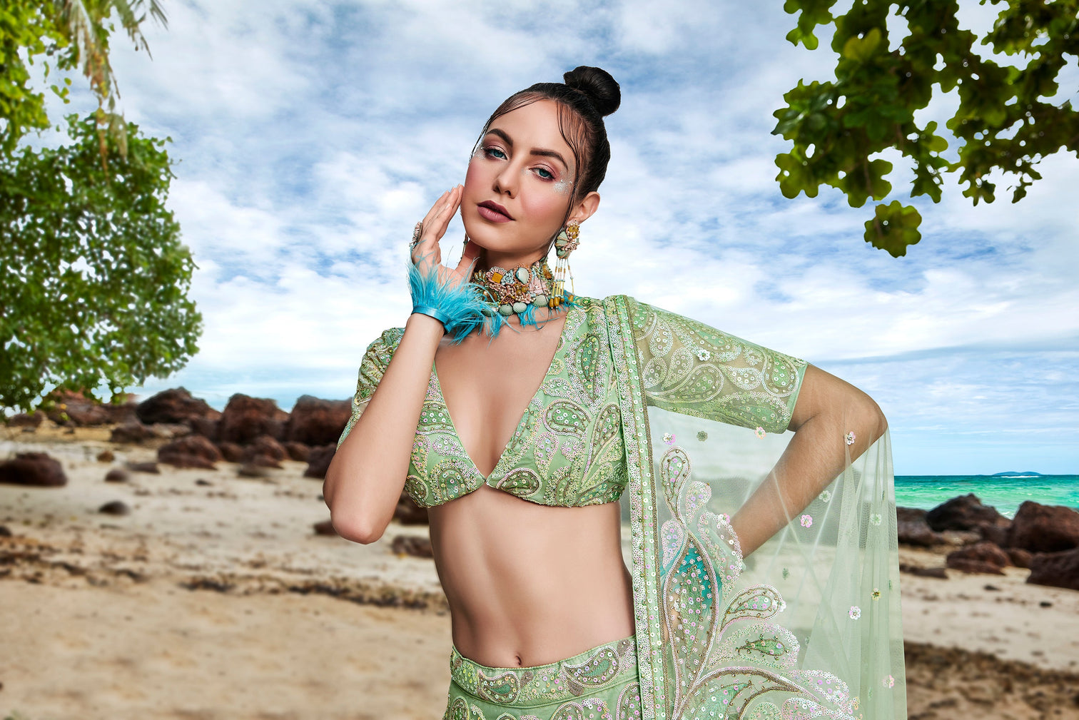 Lime green Net Multi Sequins with heavy Zarkan embroidery Semi-Stitched Lehenga choli & Dupatta