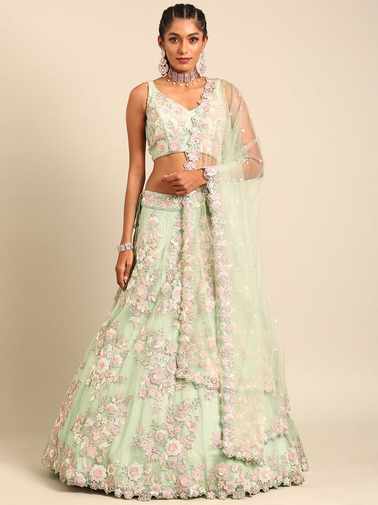 Lime Green Net Sequins with heavy Zarkan embroidery Semi-Stitched Lehenga choli & Dupatta