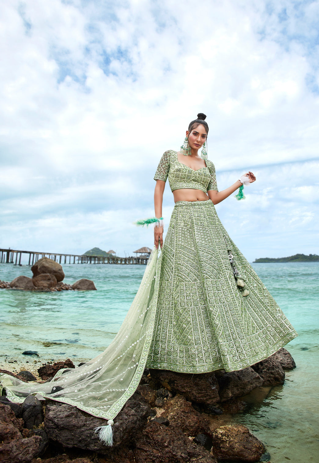 Lime Green Net Sequins, Zarkan and thread embroidery Semi-Stitched Lehenga choli & Dupatta
