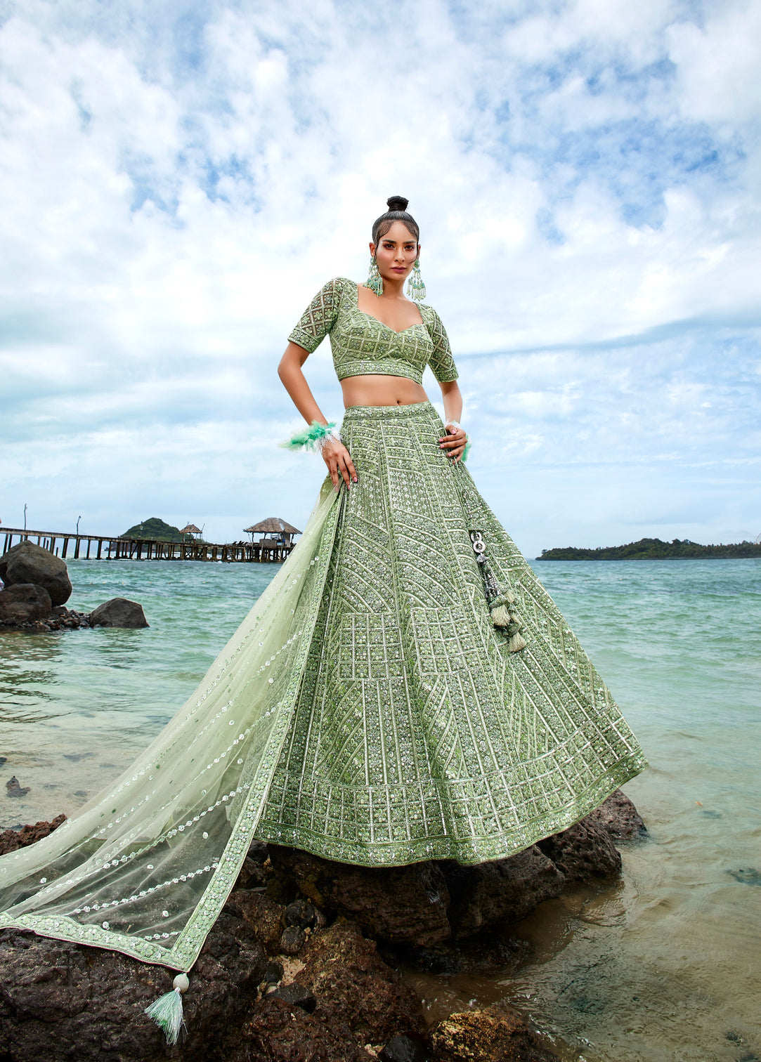 Lime Green Net Sequins, Zarkan and thread embroidery Semi-Stitched Lehenga choli & Dupatta