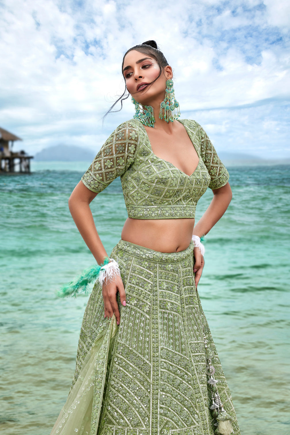 Lime Green Net Sequins, Zarkan and thread embroidery Semi-Stitched Lehenga choli & Dupatta