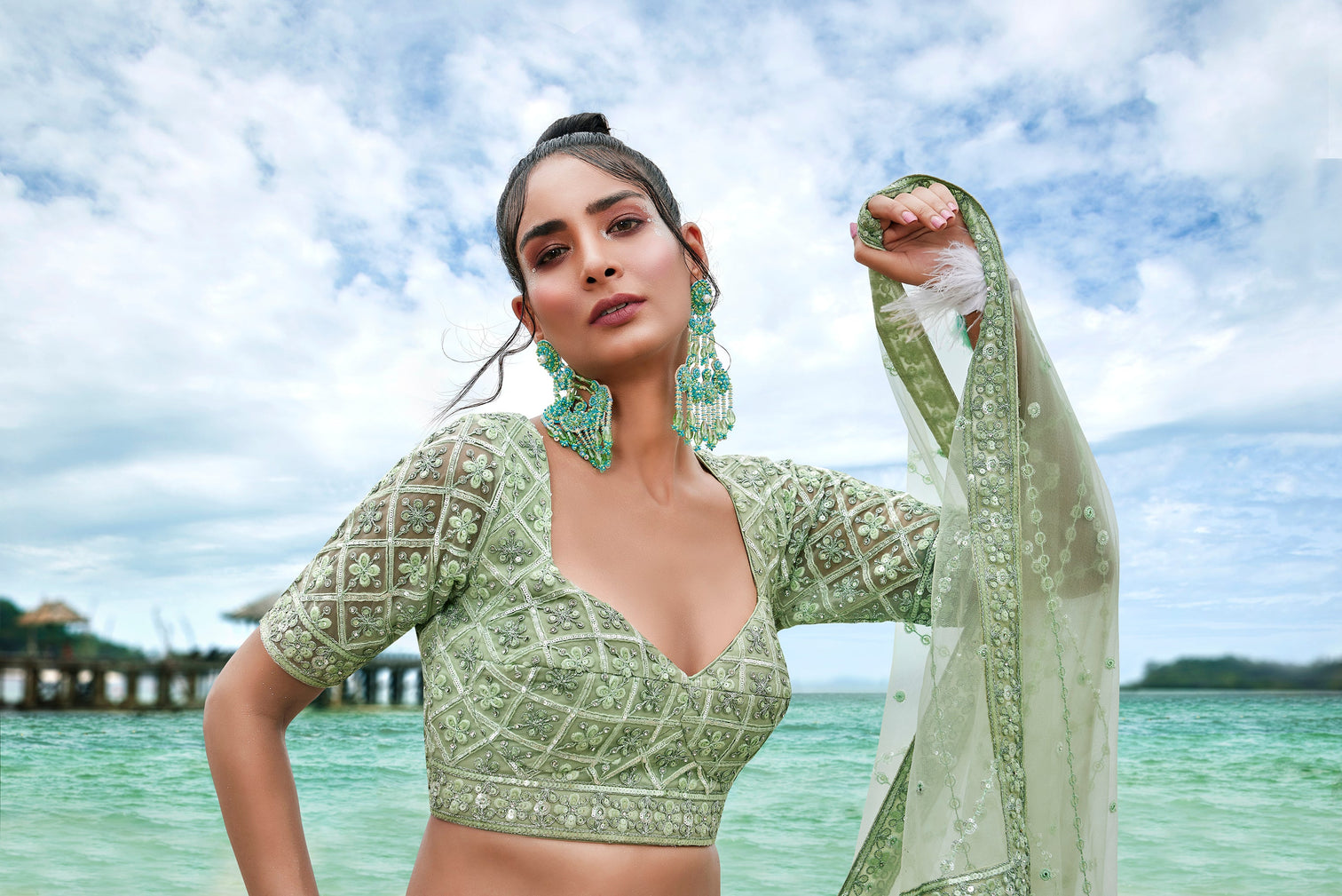Lime Green Net Sequins, Zarkan and thread embroidery Semi-Stitched Lehenga choli & Dupatta