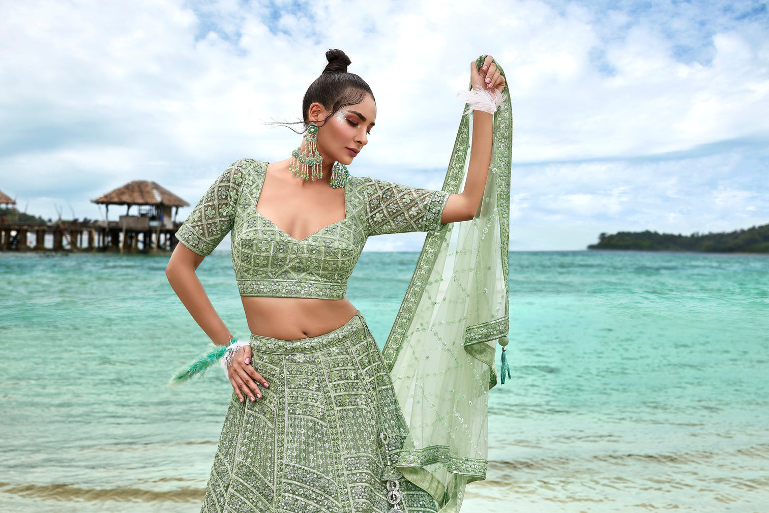 Lime Green Net Sequins, Zarkan and thread embroidery Semi-Stitched Lehenga choli & Dupatta