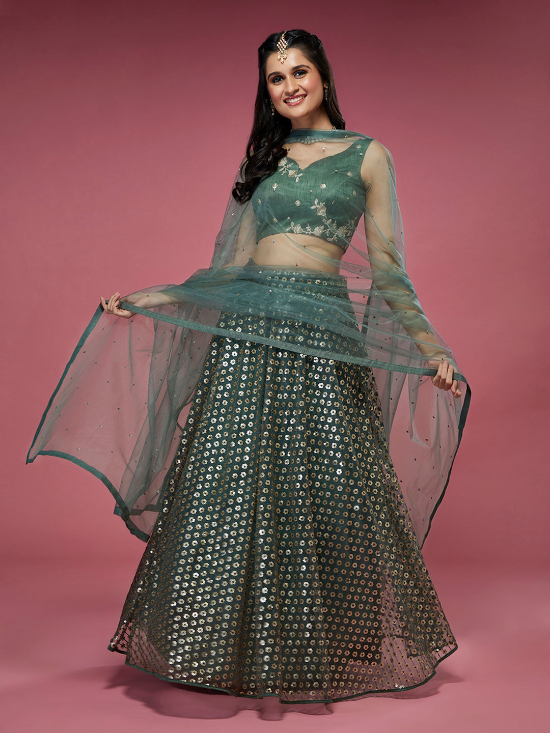 Lime Green Net Sequinse Embroidered Semi-Stitched Lehenga & Blouse with Dupatta