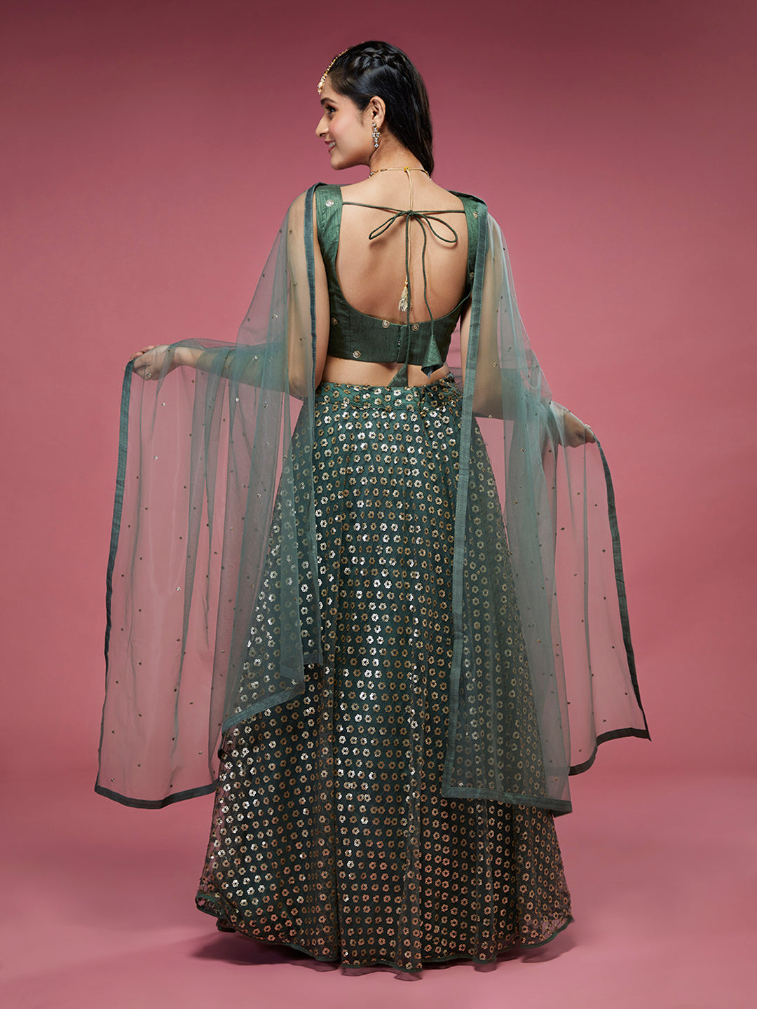 Lime Green Net Sequinse Embroidered Semi-Stitched Lehenga & Blouse with Dupatta