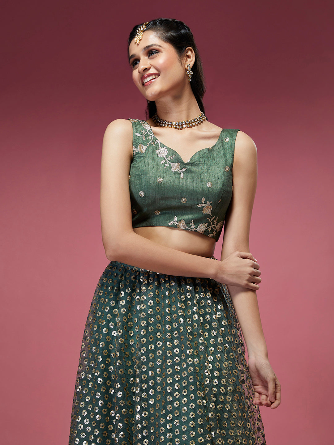 Lime Green Net Sequinse Embroidered Semi-Stitched Lehenga & Blouse with Dupatta