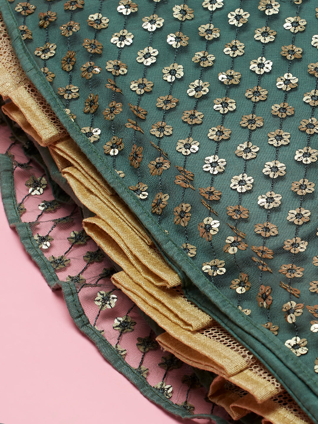 Lime Green Net Sequinse Embroidered Semi-Stitched Lehenga & Blouse with Dupatta