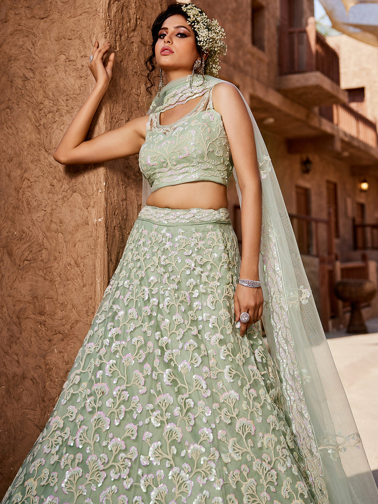 Lime Green Net Sequinse embroidery Semi-Stitched Lehenga choli & Dupatta