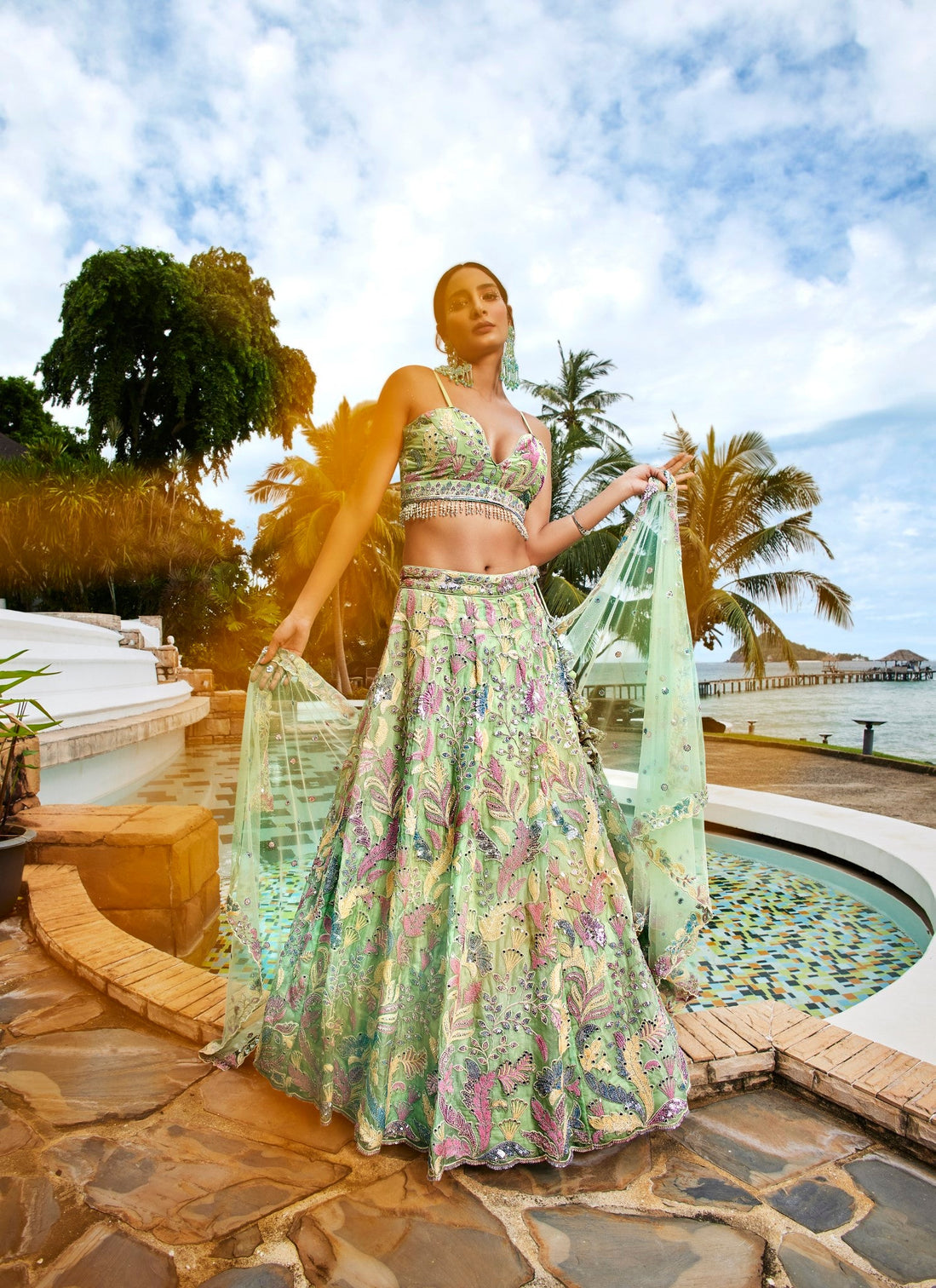 Lime Green Organza Sequins and Mirror embroidery Semi-Stitched Lehenga choli & Dupatta
