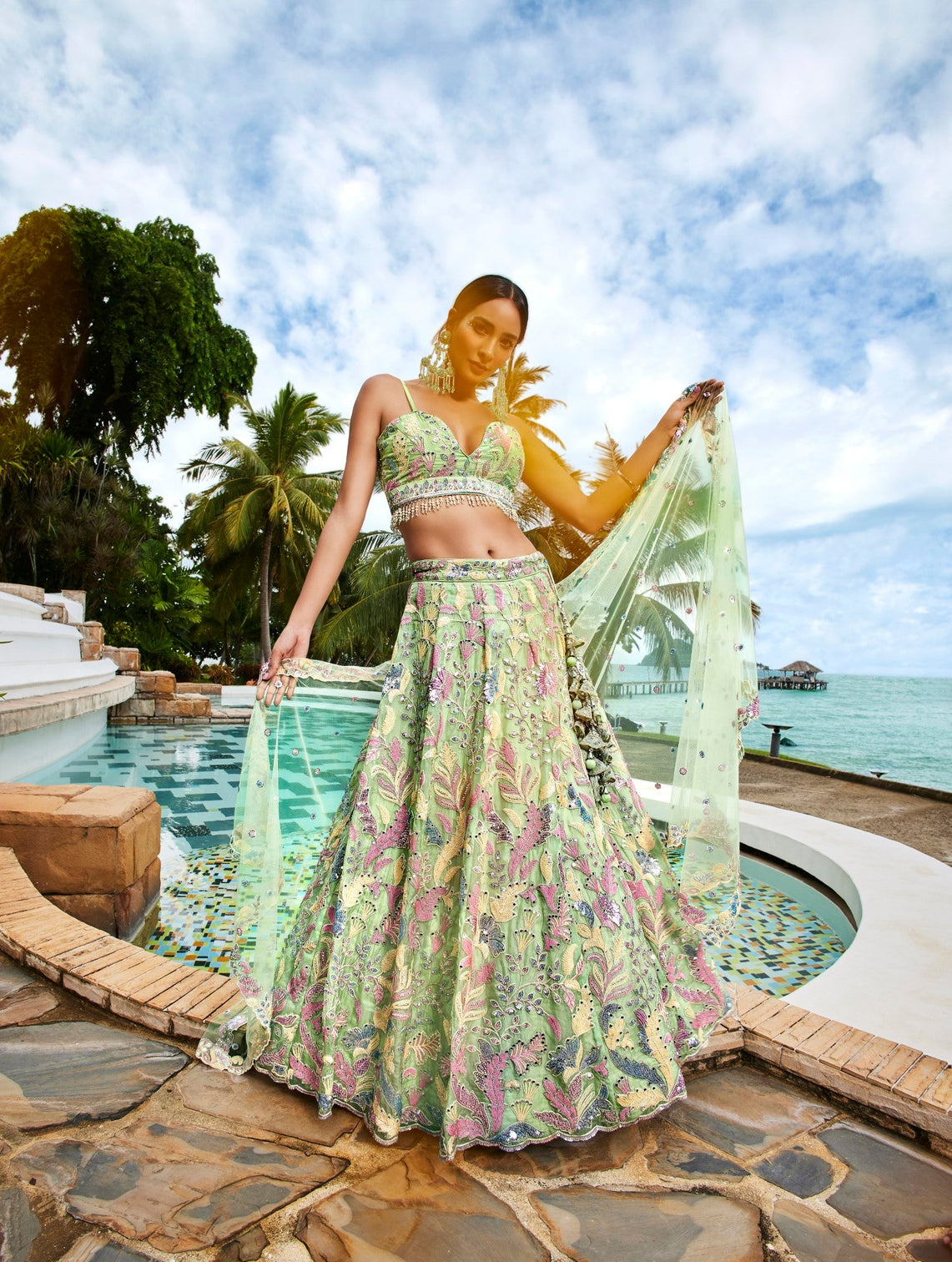 Lime Green Organza Sequins and Mirror embroidery Semi-Stitched Lehenga choli & Dupatta