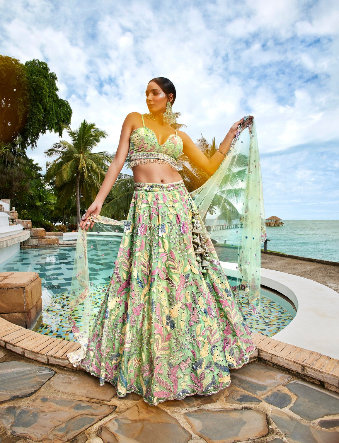 Lime Green Organza Sequins and Mirror embroidery Semi-Stitched Lehenga choli & Dupatta