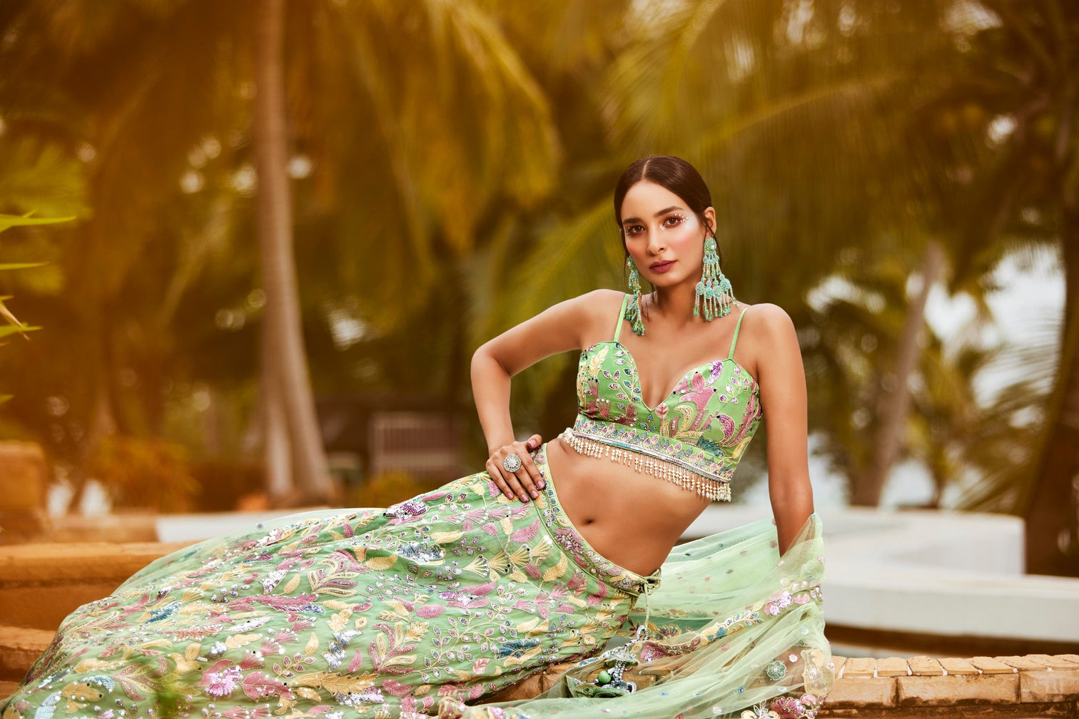 Lime Green Organza Sequins and Mirror embroidery Semi-Stitched Lehenga choli & Dupatta