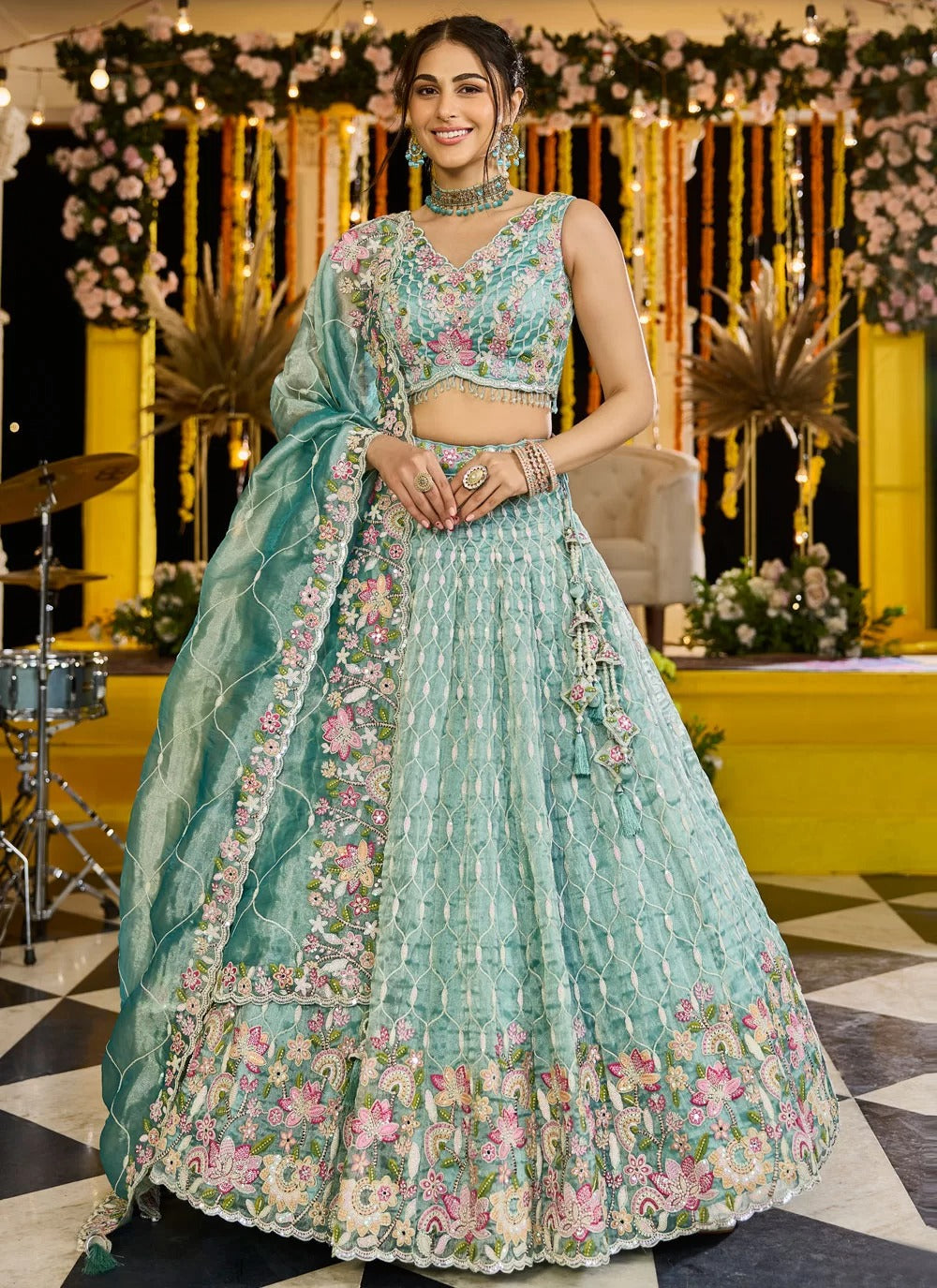 Elegant lime green satin silk sequins bridal lehenga choli with dupatta