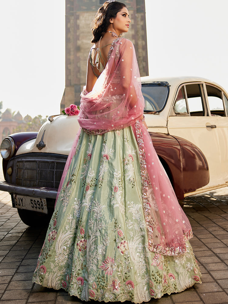 Lime green Satin Silk Sequins embroidery Semi-Stitched Lehenga choli & Dupatta