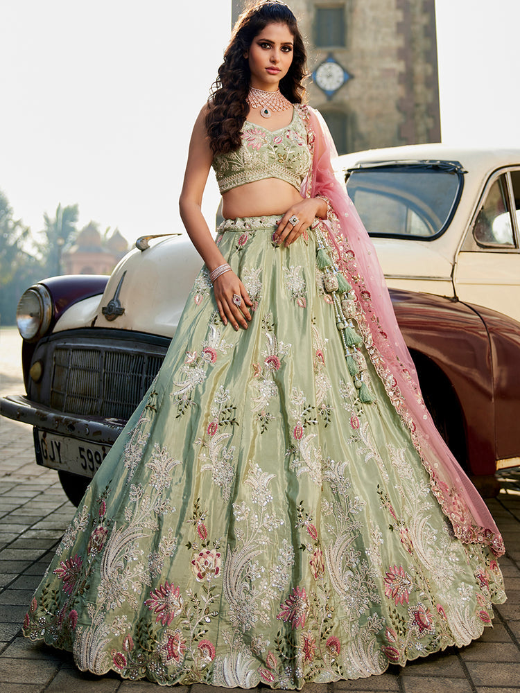 Lime green Satin Silk Sequins embroidery Semi-Stitched Lehenga choli & Dupatta