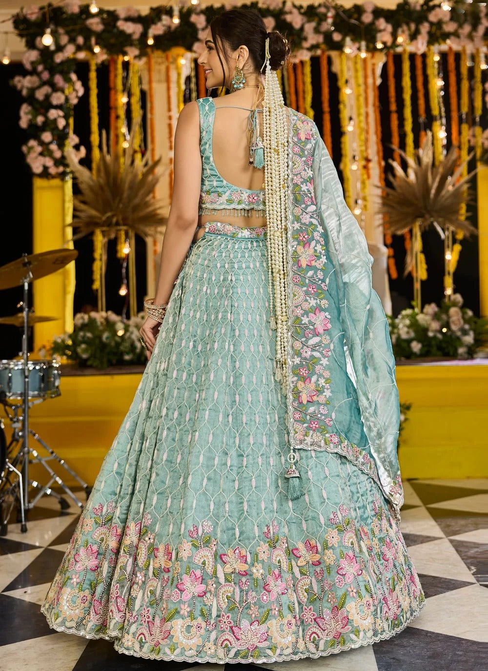 Elegant lime green satin silk sequins bridal lehenga choli with dupatta